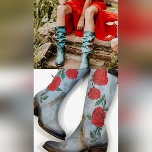 Floral Embroidered Blue Boots